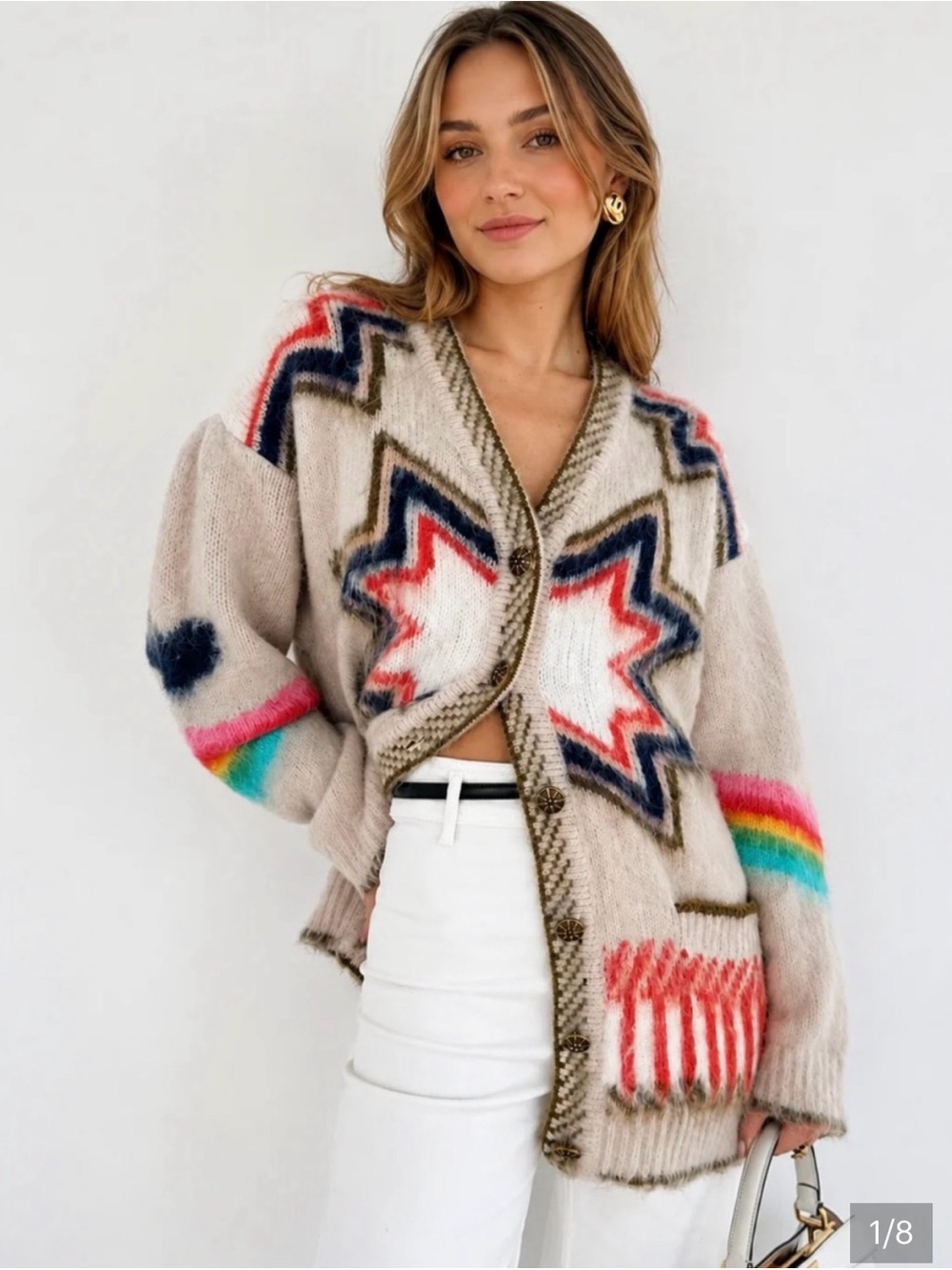 Commense Caesars Palace Cardigan Beige Star & Rainbow Trim Chunky V-Neck